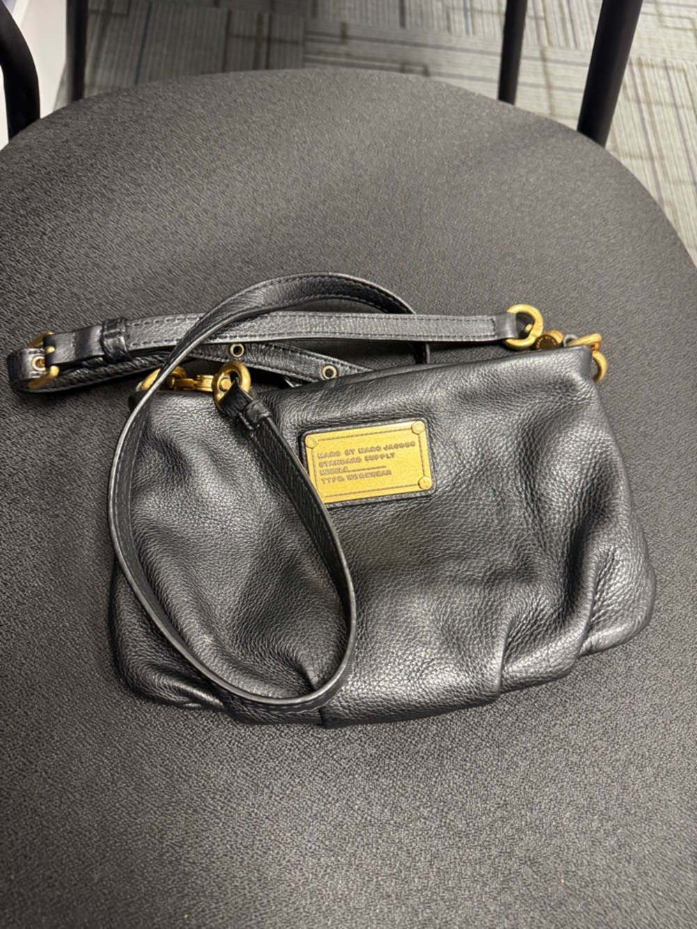 Marc Jacobs Black Leather Crossbody with Gold Plaque